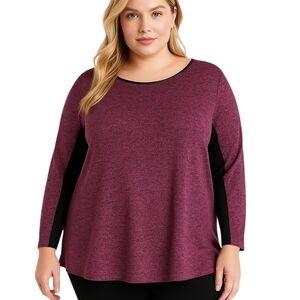 APT. 9 Women’s 1X Plum Heathered Knit Top Black Inserts Faux Leather Trim